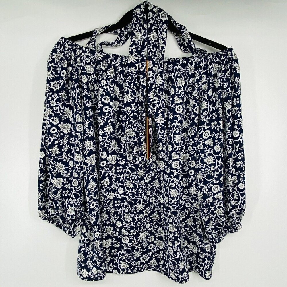 Gigi Parker Blouse Womens Small Blue Floral Batik Classic Navy 3/4 Sleeves
